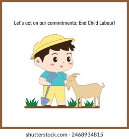 World Day Against Child Labor 12 June Vector, Background, Poster. Lets End Child Labor. Child Performing Work at Farm Vector. Child Labor Day Icon. Boy And Goat Vector Illustration. Boy With Spade.