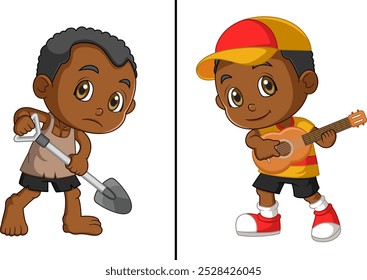 World Day Against Child Labor Concept With Child. Kids working on one side and on another side kids playing guitar of illustration