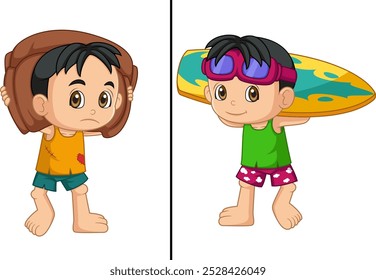 World Day Against Child Labor Concept With Child. Kids working on one side and on another side kids holding surfboard of illustration
