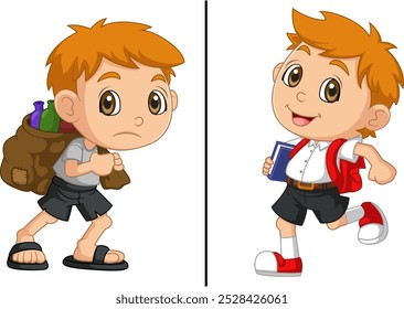 World Day Against Child Labor Concept With Child. Kids working on one side and on another side kids going to school of illustration