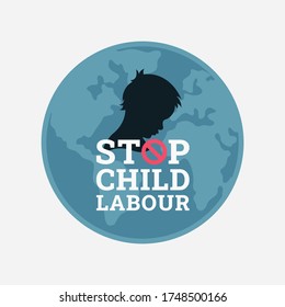 World day against child labour background with globe and a child in black silhouette profile. Flat style logo illustration concept of child abuse and exploitation campaign for poster and banner.