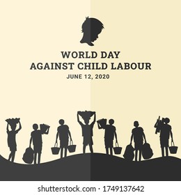 World day against child labour background with children as labors in black silhouette. Flat style vector illustration concept of child abuse and exploitation campaign for poster and banner. svg