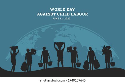 World day against child labour background with curved world map and children working silhouette. Flat style vector  illustration concept of child exploitation campaign for poster and banner.