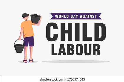 World day against child labour background with a child working and carrying buckets, isolated. Flat style vector illustration concept of child exploitation campaign for poster and banner.