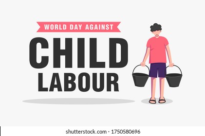 World day against child labour background with a child at work carrying buckets, isolated. Flat style vector illustration concept of child exploitation campaign for poster and banner.