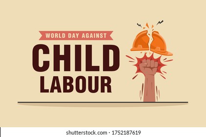 World day against child labour background with raising fist breaking safety helmet. Flat style vector illustration concept of stop child exploitation campaign for poster and banner.