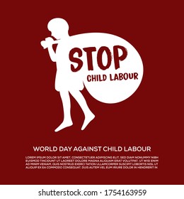 World Day Against Child Labour Red Poster, Child Carrying Heavy Load On Back, Stop Child Labour