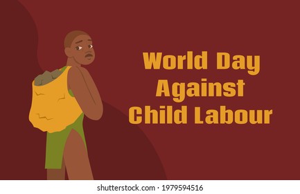 World day against child labour horizontal banner with exploited African child. Annual holiday aiming to raise awareness to prevent child labour. Worldwide movement in defense of children rights.