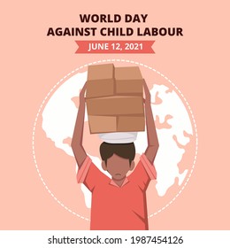 World day against child labour background with children working in a construction field. Flat style vector illustration concept of anti child exploitation campaign for poster and banner