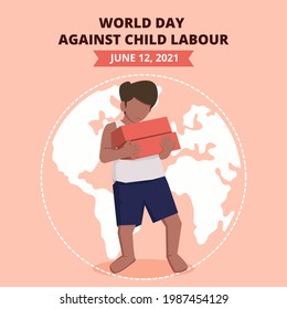 World day against child labour background with children working in a construction field. Flat style vector illustration concept of anti child exploitation campaign for poster and banner svg