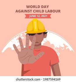 World day against child labour background with a child working in a construction field says no to child labor. Flat style vector illustration concept of anti child exploitation campaign