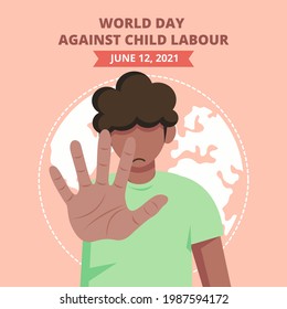 World day against child labour background with a child working in a construction field says no to child labor. Flat style vector illustration concept of anti child exploitation campaign