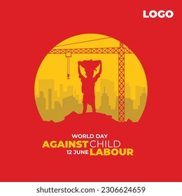 
World day against child labour, Child labour around world, Stop child labour. A red background with a silhouette of a child holding a crane svg