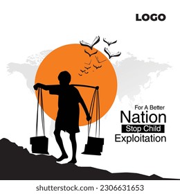 World day against child labour background with A silhouette of a child carrying bags. Flat style vector illustration concept of child abuse and exploitation campaign for poster and banner. svg