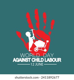 World Day Against Child Labour Child labour around world, Stop child labour. A red background with a silhouette of a child holding a crane