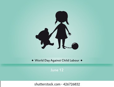 World Day Against Child Labour vector. Children worker vector illustration. Silhouette of a girl with bear