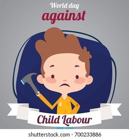 World Day Against Child Labour, 12 June. Young boy with hammer in hand conceptual illustration vector.
