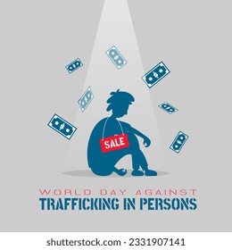 Día Mundial contra el Tráfico de Personas con un hombre a la venta y el dinero cayendo