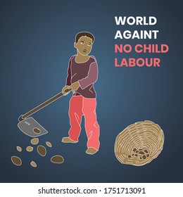 World day against no child labour, stop child labour, child labour in India and world. Child holding hoe and collecting pebbles. 