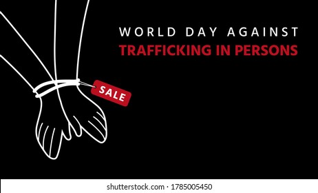 World day against trafficking in persons text, tied hands and red label with sale alphabet, human trafficking concept, vector illustration for graphic design, website or banner