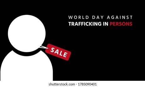 Día Mundial contra la trata de personas con letras, ícono de usuario (personas) y etiqueta roja con alfabeto de venta, concepto de trata de personas, ilustración vectorial para diseño gráfico, sitio web o banner