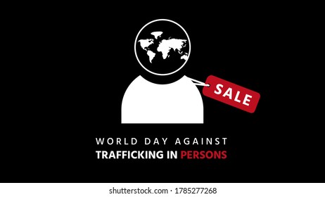 World day against trafficking in persons lettering, world map with user icon (persons) and red label with sale alphabet, human trafficking concept, vector illustration for graphic design