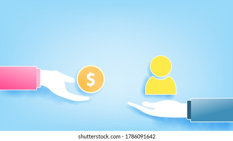 Día Mundial contra la trata de personas, intercambio entre dinero e ícono de usuario (personas), concepto de trata de personas, ilustración vectorial para diseño gráfico o pancarta, corte de papel, relajante color pastel