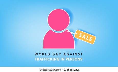 Día Mundial contra la trata de personas, icono de usuario (personas) y etiqueta con alfabeto de venta, concepto de trata de personas, ilustración vectorial para diseño gráfico, corte de papel, color relajante y atmósfera