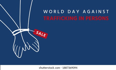 World day against trafficking in persons text, tied hands and red label with sale alphabet, human trafficking concept, vector illustration for graphic design, website, banner, human rights content