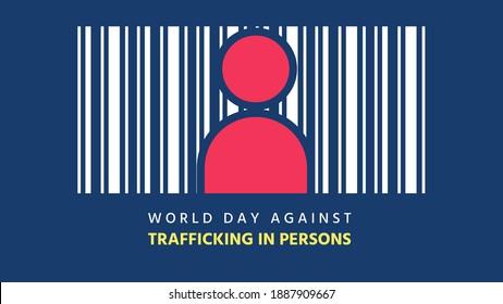 World day against trafficking in persons day, red user icon with barcode isolated on blue background , human trafficking concept, vector illustration for graphic design, website, human rights content