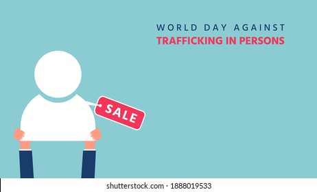 Día Mundial contra la trata de personas, mano con icono de usuario (personas) y etiqueta con alfabeto de venta, concepto de trata de personas, ilustración vectorial para antecedentes gráficos o de contenido de derechos humanos