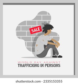 Día Mundial contra la Trata de Personas con un hombre sentado junto al muro a la venta