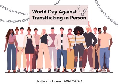 World Day Against Trafficking in Persons is observed every year on July 30. Young modern men and women with a holds a banner in her hands with the inscription World Day Against Trafficking in Persons.