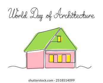 Welttag der Architektur. Abstraktes rustikales Haus, Hütte. durchgehende einzeilige handgezeichnete Skizze, Logo