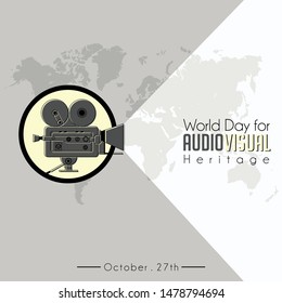World Day For Audio Visual heritage with Classic Vintage Camcorder (old movie Camera) icon vector and world map background