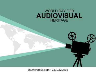 World day for audiovisual heritage background with big camera on blue color.