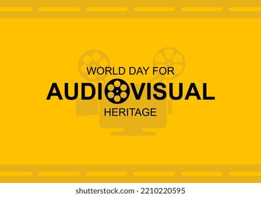 World day for audiovisual heritage background with big camera on yellow color.