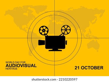 World day for audiovisual heritage background with big camera and earth map.