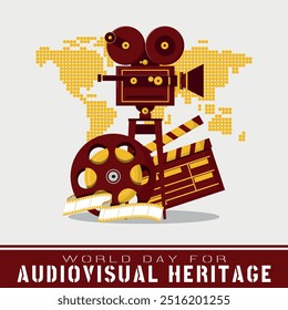 Dia Mundial do Patrimônio Audiovisual Cartaz com equipamento de produção de filmes