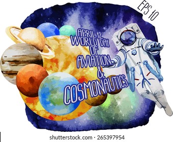 World Day of Aviation and Cosmonautics. Watercolor illustration isolated on white background