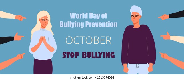 World day of Bullying Prevention in October. Victim scene in society. Stressed person in shame. Cartoon concept vector of accusation in life, depression in work, in school.