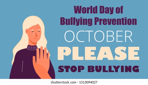 World day of Bullying Prevention in October. Victim scene in society. Stressed person in shame. Cartoon concept vector of accusation in life, depression in work, in school.