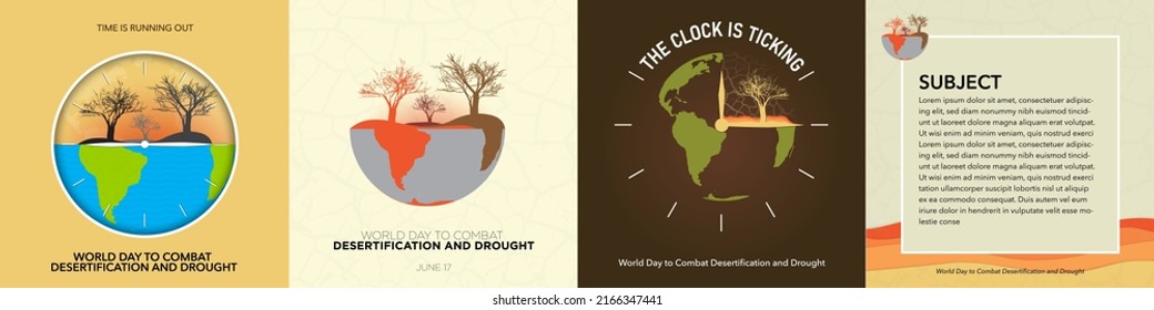 World Day to Combat Desertification and Drought Collection. Clock and earth concept. Time is running out. Template. Square. Dry soil and trees. copy space. Vector Illustration. EPS 10. Editable. Set.