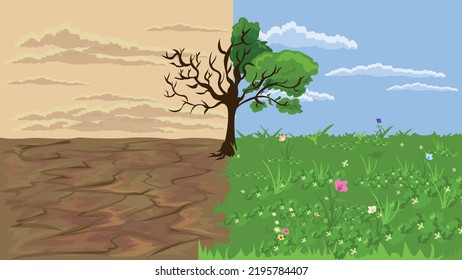 World Day to Combat Desertification and Drought - Two parts are the dry and hot tree scene and the refreshing tree scene vector design.  