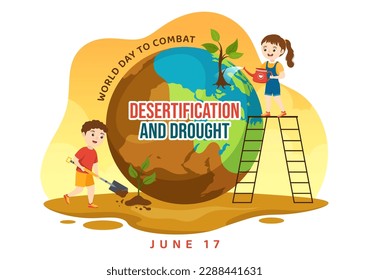 World Day to Combat Desertification and Drought Vector Illustration with Kids, Turning the Desert Into Fertile Land and Pastures in Hand Drawn 