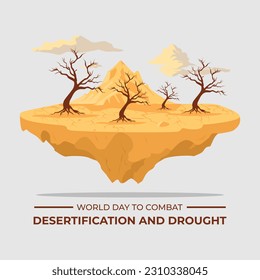 World Day to Combat Desertification and Drought with illustration vector graphic of dry dead trees above the barren and cracked ground that floats