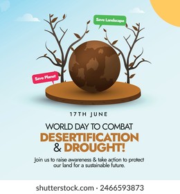 World Day to combat desertification and drought. 17th June day to combat desertification and drought banner with dry earth and trees, speech bubbles save planet, landscape. Save earth for future.