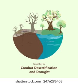 World Day to Combat Desertification and Drought vector illustration, depicting the transformation of drought-stricken and barren land into fertile land and lush pastures.

