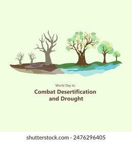 World Day to Combat Desertification and Drought vector illustration, depicting the transformation of drought-stricken and barren land into fertile land and lush pastures.

