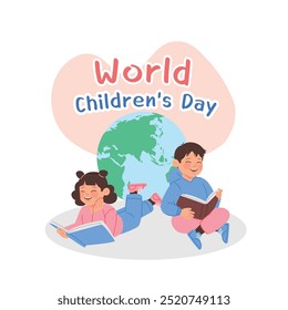 World Children’s Day concept on 20 November, happy and cute kids with the world, the international day to celebrate children’s right, flat vector illustration design with bright color.